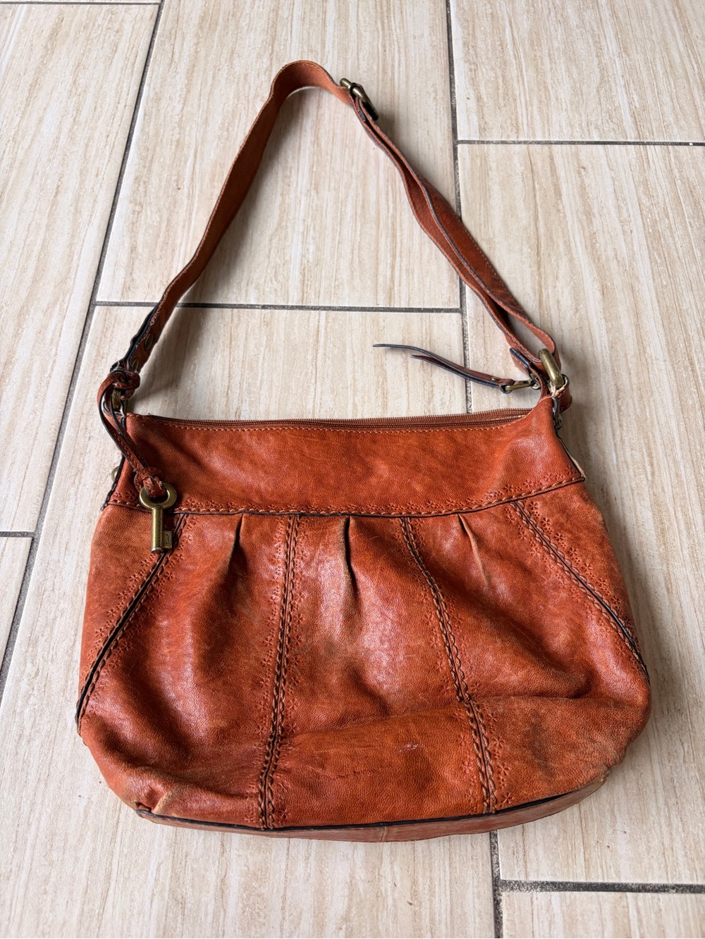 Vintage Fossil Cognac Brown Leather Shoulder Bag